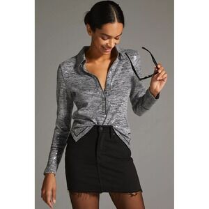 Anthropologie Pilcro Shimmer Collared Silver Sequin Knit Shirt Long Sleeve Grey